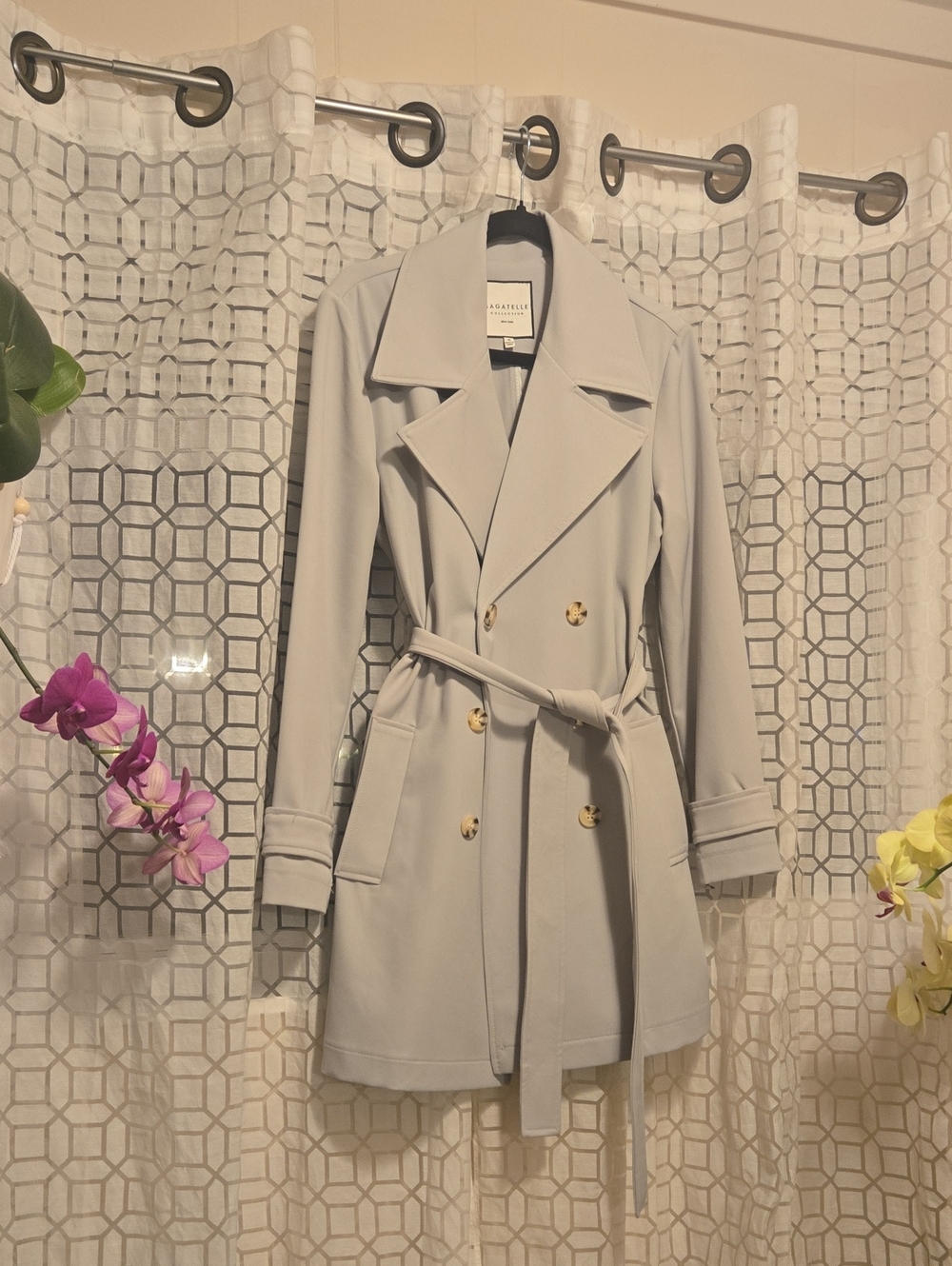 Bagatelle • Sage Green Double-Breasted Trench Coat with Waist Tie